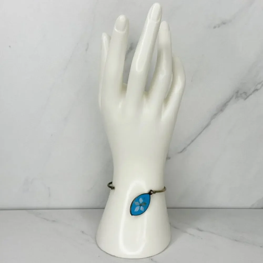 Vintage Mexico Blue MOP Flower Inlay Eye Pendant Silver Tone Child Bangle ✨